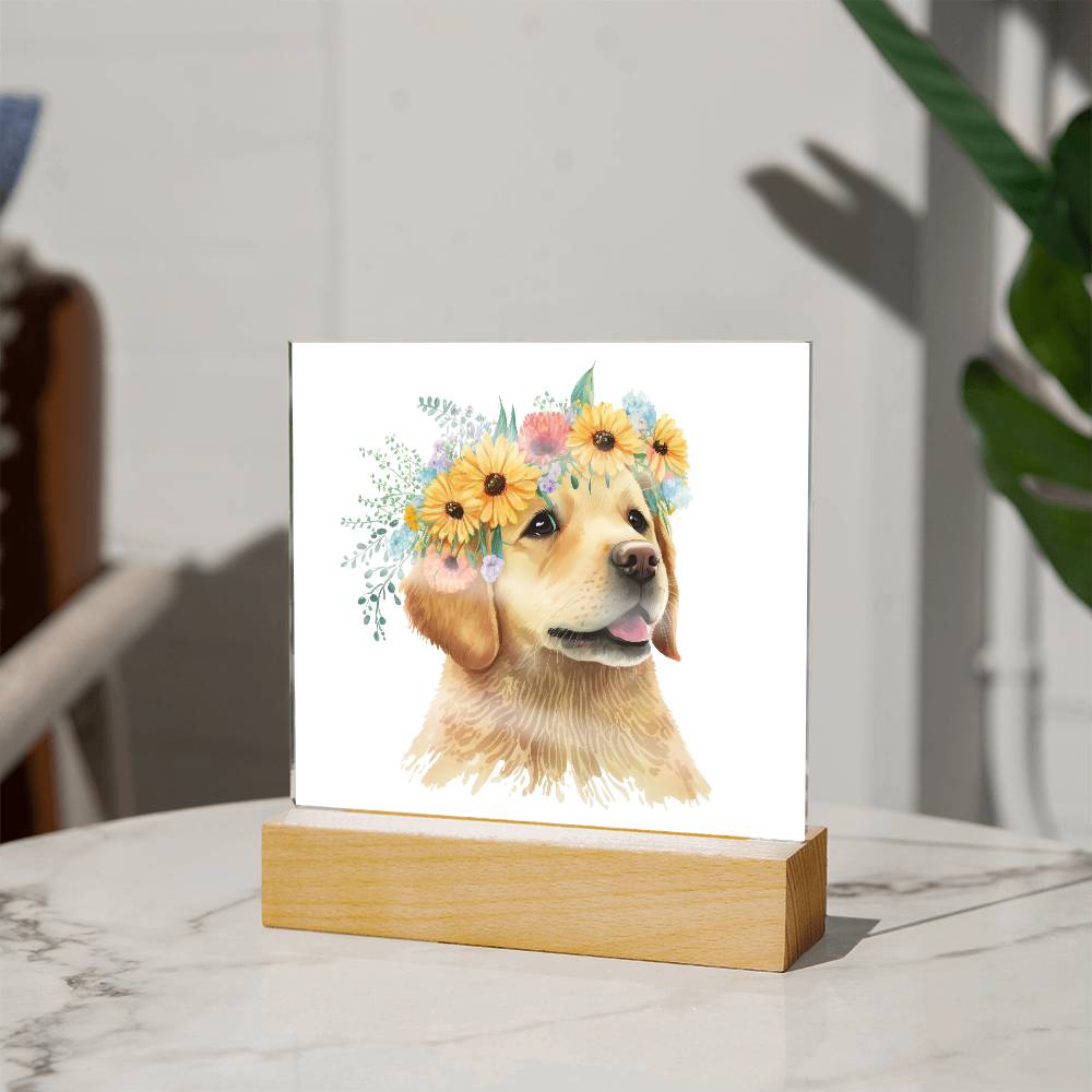 Dog And Spring Flowers (Watercolor) 01 - Square Acrylic Plaque