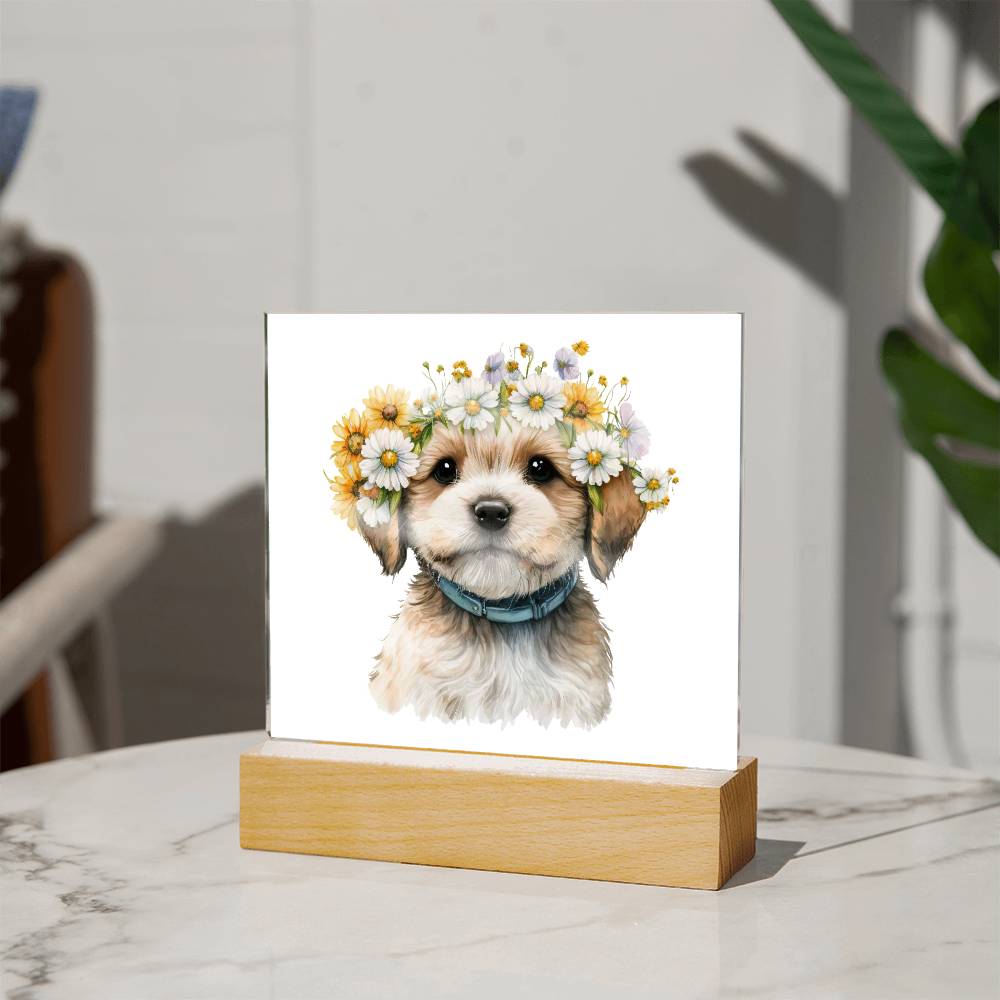 Dog And Spring Flowers (Watercolor) 10 - Square Acrylic Plaque