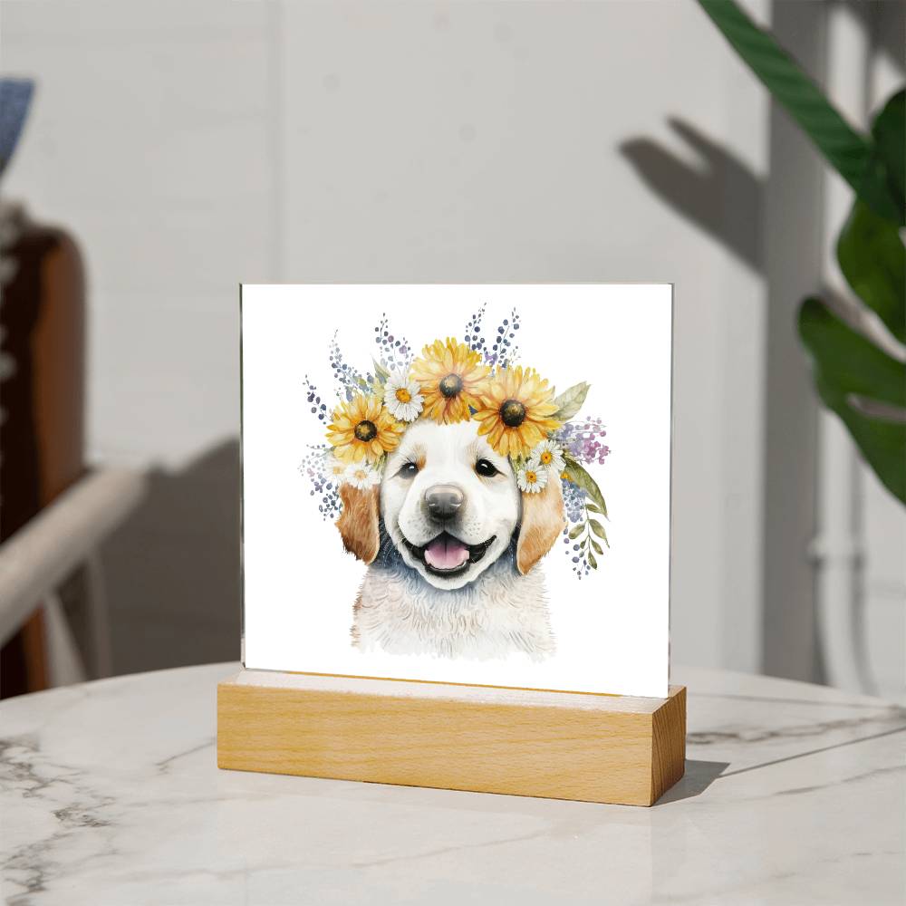 Dog And Spring Flowers (Watercolor) 02 - Square Acrylic Plaque