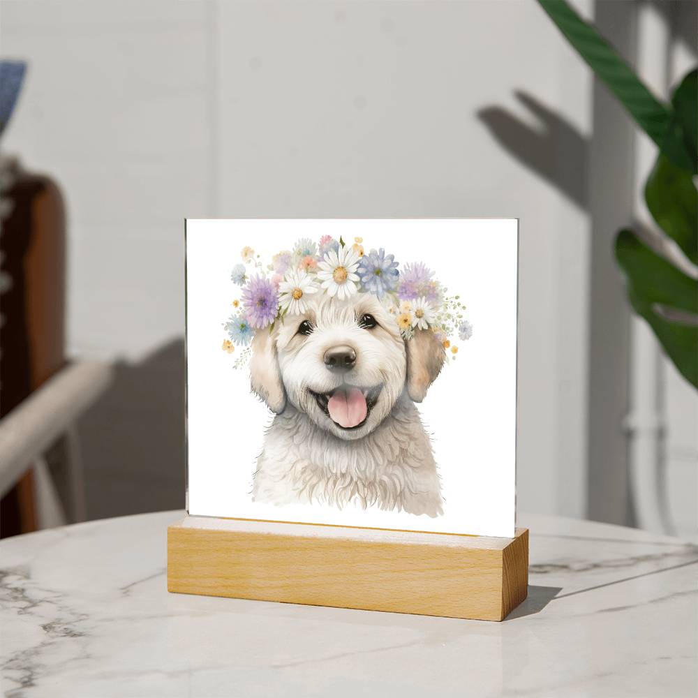 Dog And Spring Flowers (Watercolor) 07 - Square Acrylic Plaque