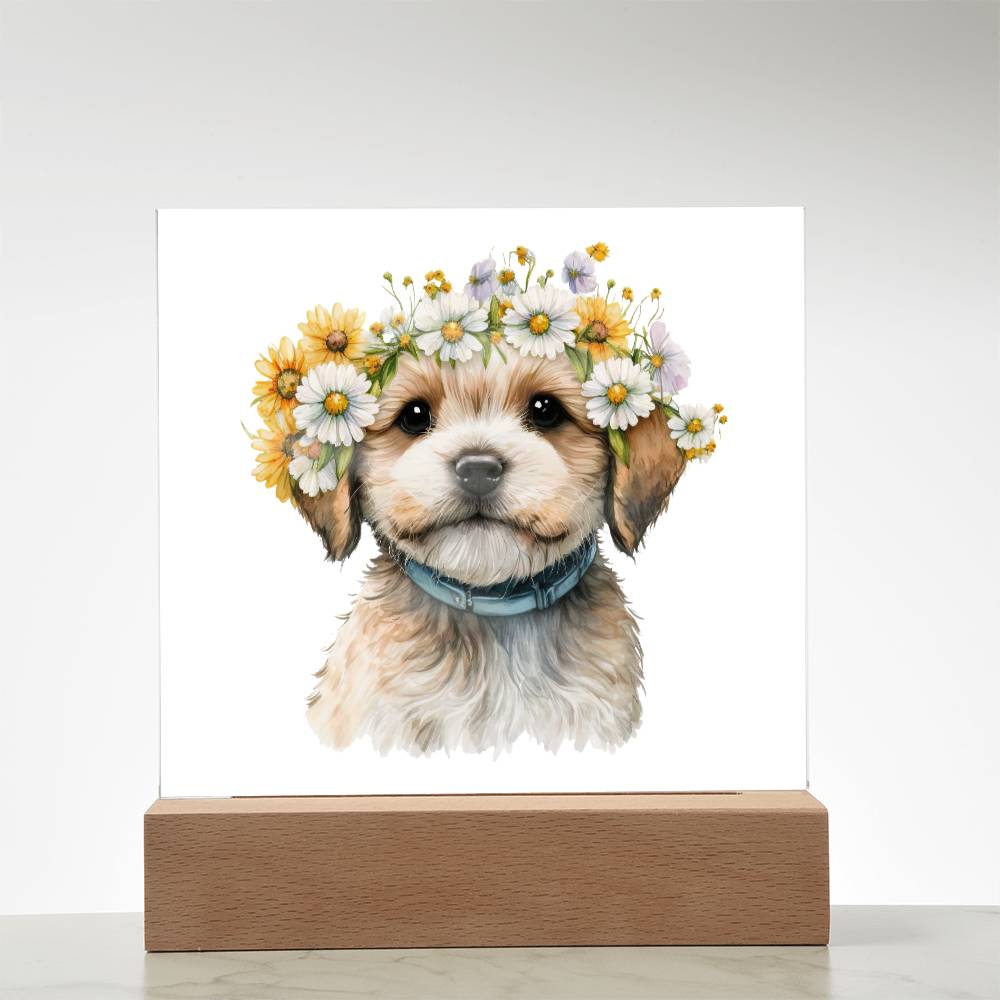 Dog And Spring Flowers (Watercolor) 10 - Square Acrylic Plaque