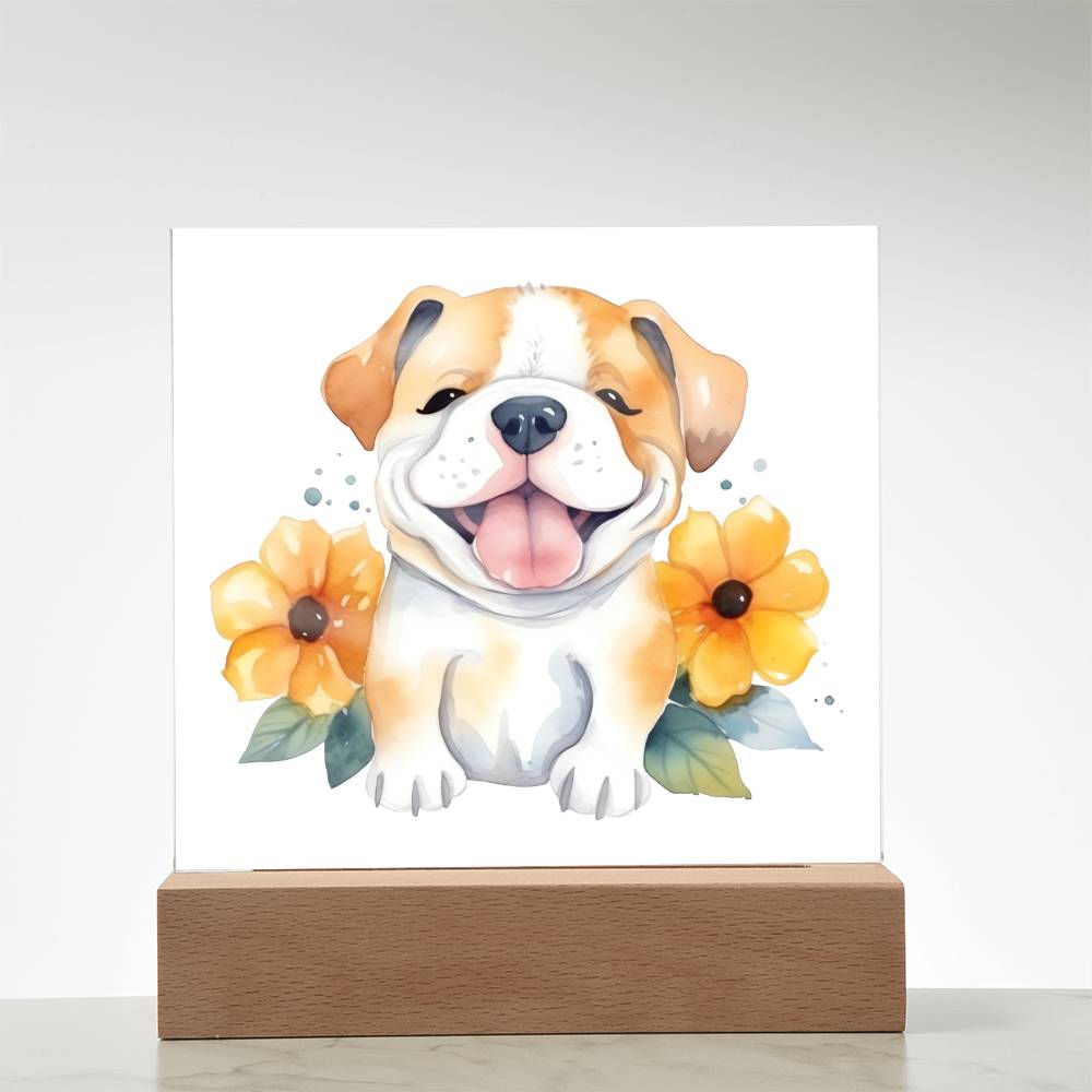 Bulldog And Flowers (Watercolor) 01 - Square Acrylic Plaque