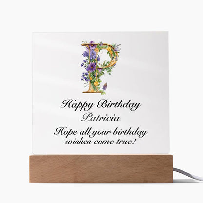 Happy Birthday Patricia (Lavender Flowers) - Square Acrylic Plaque With USB Corded LED Base