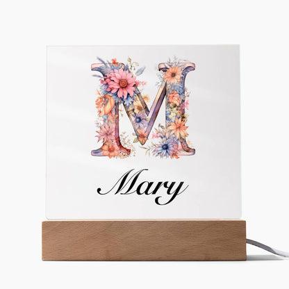 Mary (Blooming Flowers) - Square Acrylic Plaque With USB Corded LED Base