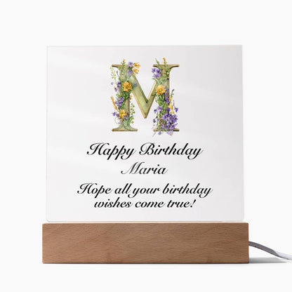 Happy Birthday Maria (Lavender Flowers) - Square Acrylic Plaque With USB Corded LED Base