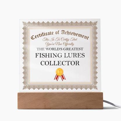 World's Greatest Fishing Lures Collector - Square Acrylic Plaque With USB Corded LED Base