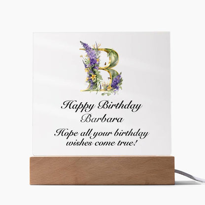 Happy Birthday Barbara (Lavender Flowers) - Square Acrylic Plaque With USB Corded LED Base