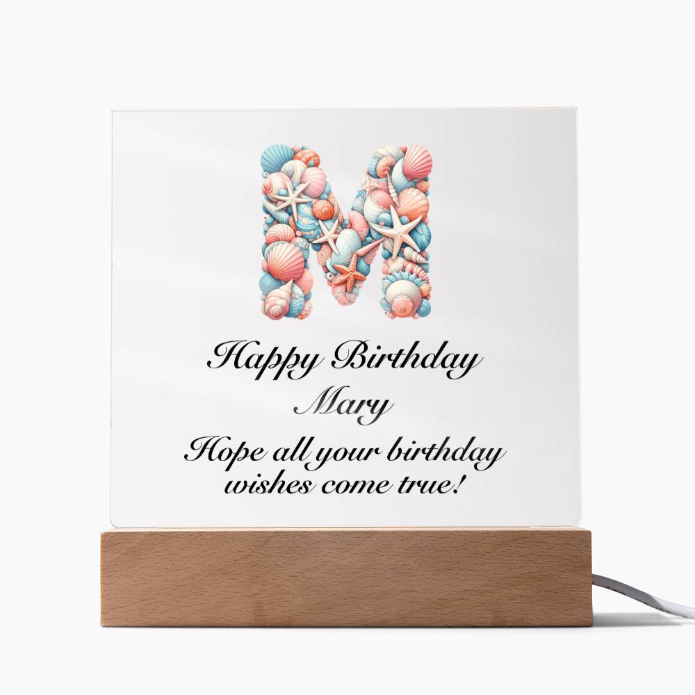 Happy Birthday Mary (Sea Life) - Square Acrylic Plaque With USB Corded LED Base