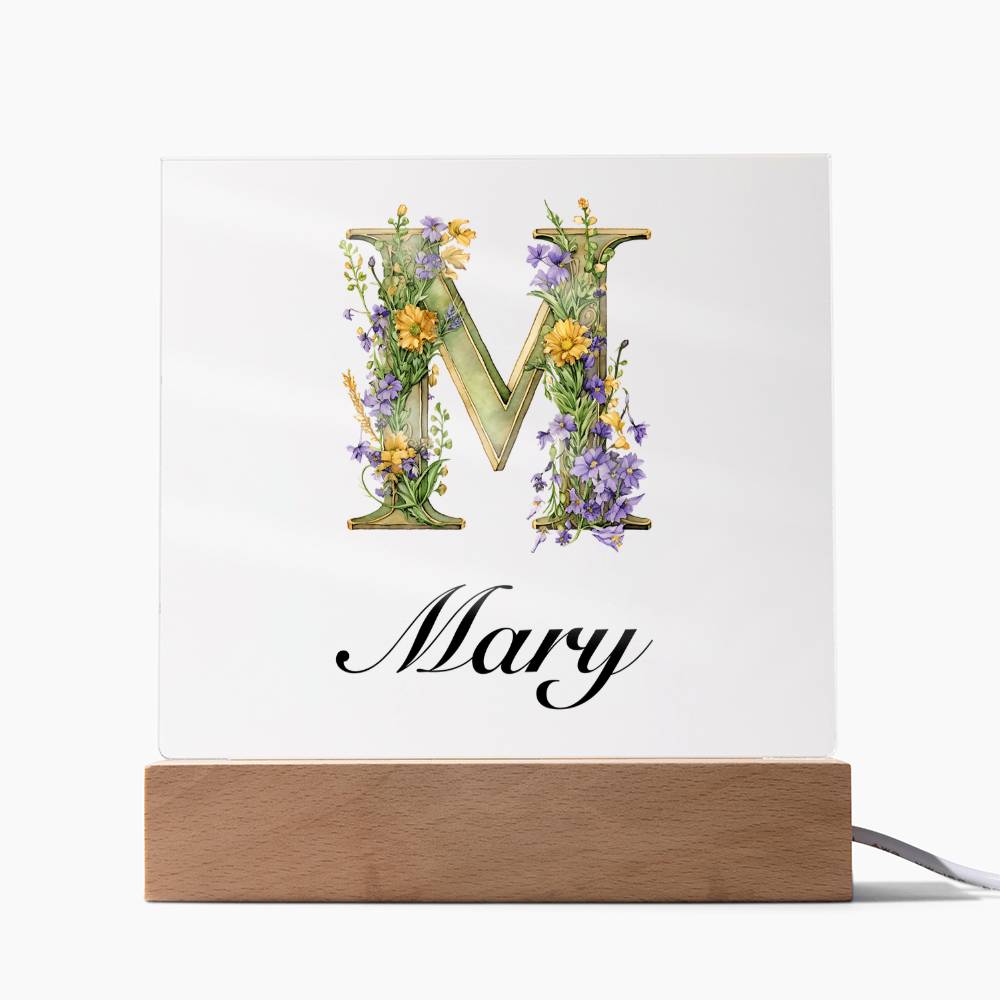 Mary (Lavender Flowers) - Square Acrylic Plaque With USB Corded LED Base