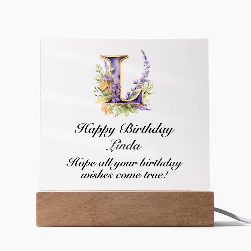Happy Birthday Linda (Lavender Flowers) - Square Acrylic Plaque With USB Corded LED Base