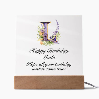 Happy Birthday Linda (Lavender Flowers) - Square Acrylic Plaque With USB Corded LED Base