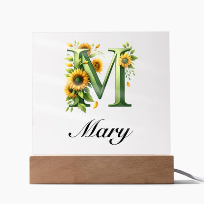 Mary (Sunflowers) - Square Acrylic Plaque With USB Corded LED Base