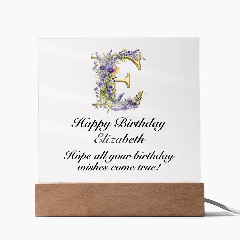 Happy Birthday Elizabeth (Lavender Flowers) - Square Acrylic Plaque With USB Corded LED Base