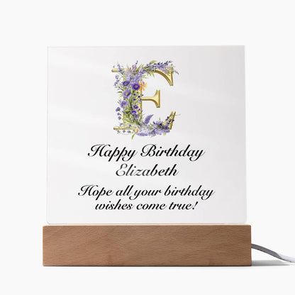 Happy Birthday Elizabeth (Lavender Flowers) - Square Acrylic Plaque With USB Corded LED Base