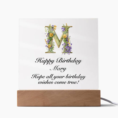 Happy Birthday Mary (Lavender Flowers) - Square Acrylic Plaque With USB Corded LED Base