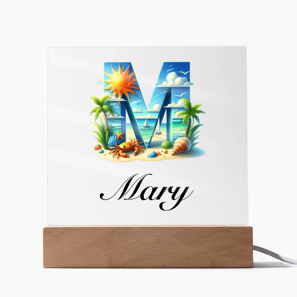 Mary (Summer Beach) - Square Acrylic Plaque With USB Corded LED Base
