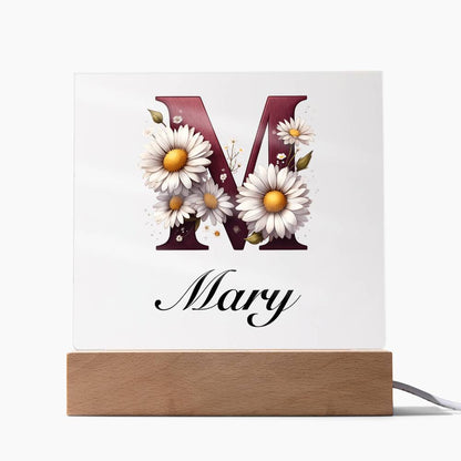 Mary (Daisies) - Square Acrylic Plaque With USB Corded LED Base