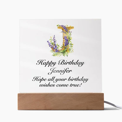 Happy Birthday Jennifer (Lavender Flowers) - Square Acrylic Plaque With USB Corded LED Base