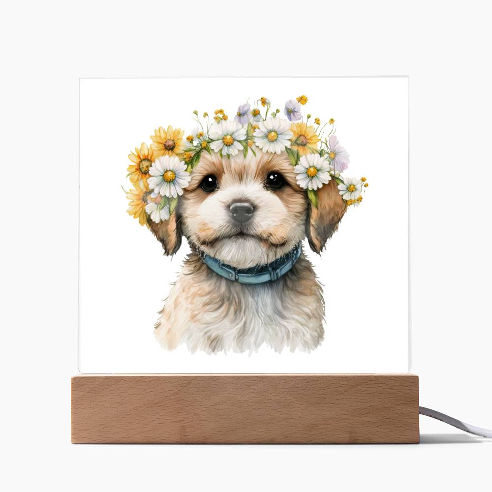 Dog And Spring Flowers (Watercolor) 10 - Square Acrylic Plaque