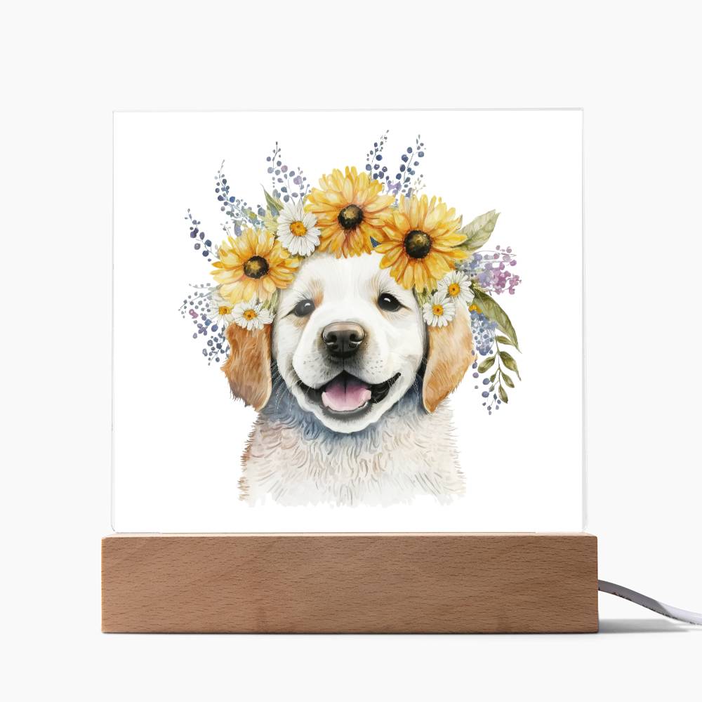 Dog And Spring Flowers (Watercolor) 02 - Square Acrylic Plaque