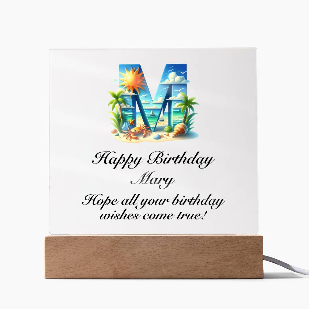 Happy Birthday Mary (Summer Beach) - Square Acrylic Plaque With USB Corded LED Base