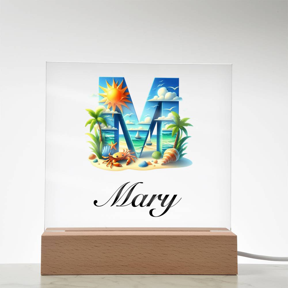 Mary (Summer Beach) - Square Acrylic Plaque With USB Corded LED Base