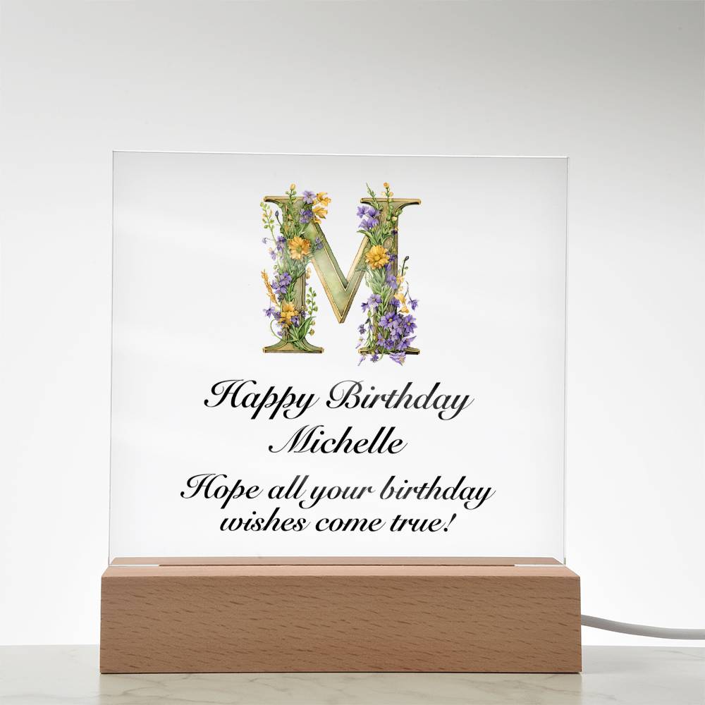 Happy Birthday Michelle (Lavender Flowers) - Square Acrylic Plaque With USB Corded LED Base