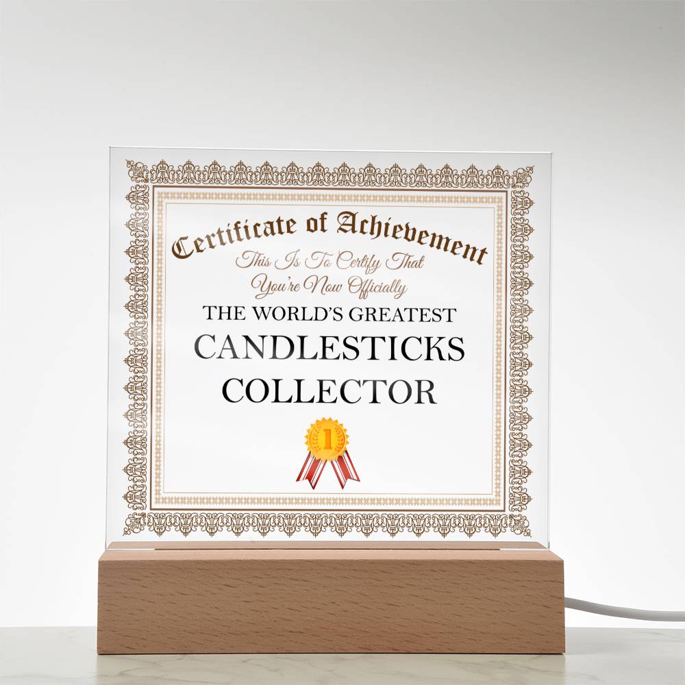 World's Greatest Candlesticks Collector - Square Acrylic Plaque With USB Corded LED Base
