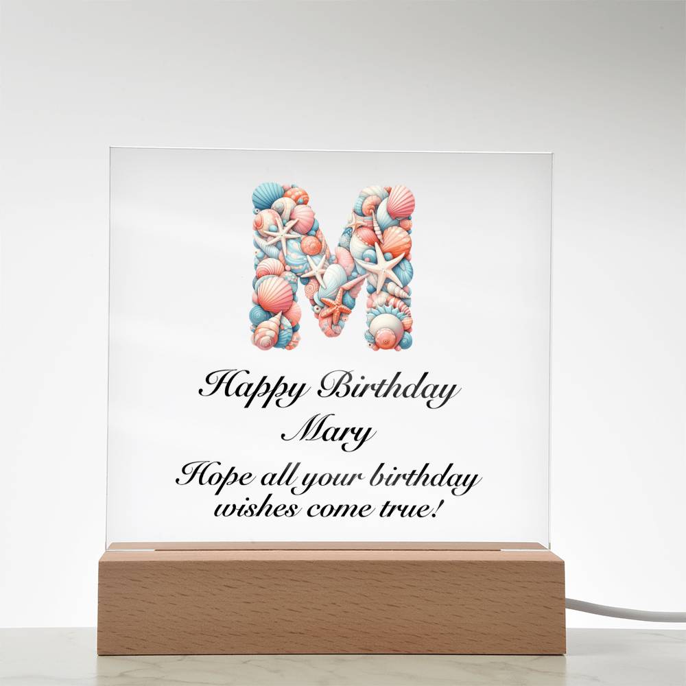 Happy Birthday Mary (Sea Life) - Square Acrylic Plaque With USB Corded LED Base