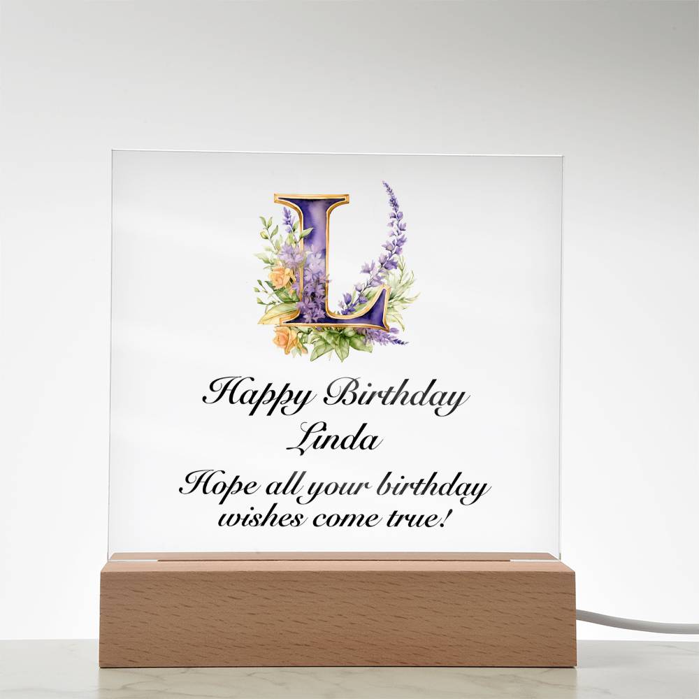 Happy Birthday Linda (Lavender Flowers) - Square Acrylic Plaque With USB Corded LED Base