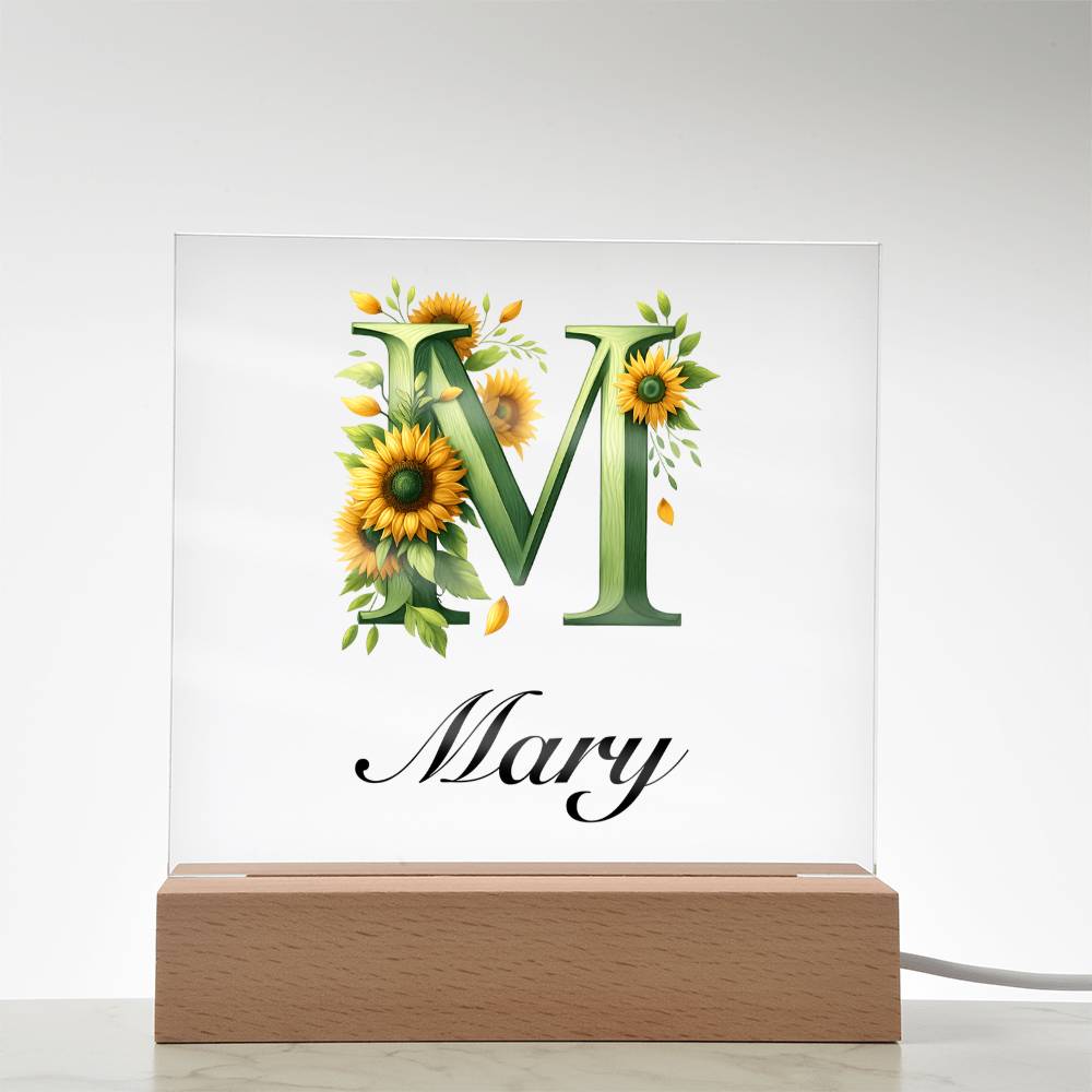 Mary (Sunflowers) - Square Acrylic Plaque With USB Corded LED Base