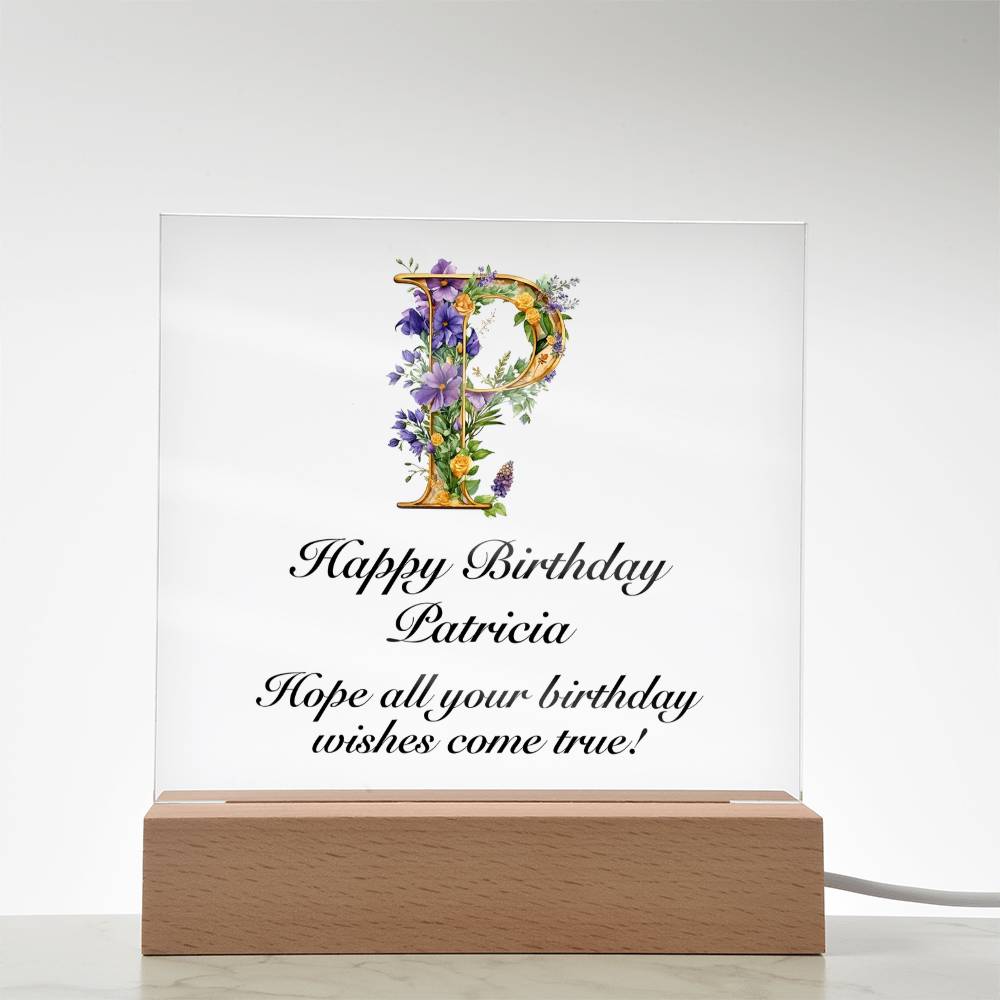 Happy Birthday Patricia (Lavender Flowers) - Square Acrylic Plaque With USB Corded LED Base