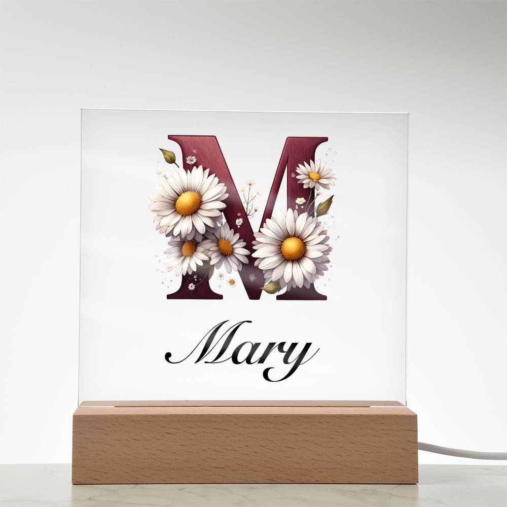 Mary (Daisies) - Square Acrylic Plaque With USB Corded LED Base
