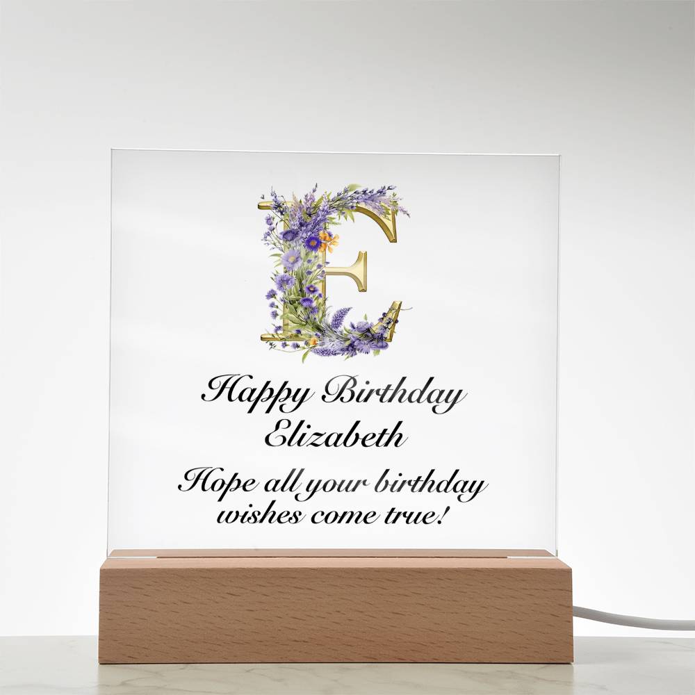 Happy Birthday Elizabeth (Lavender Flowers) - Square Acrylic Plaque With USB Corded LED Base