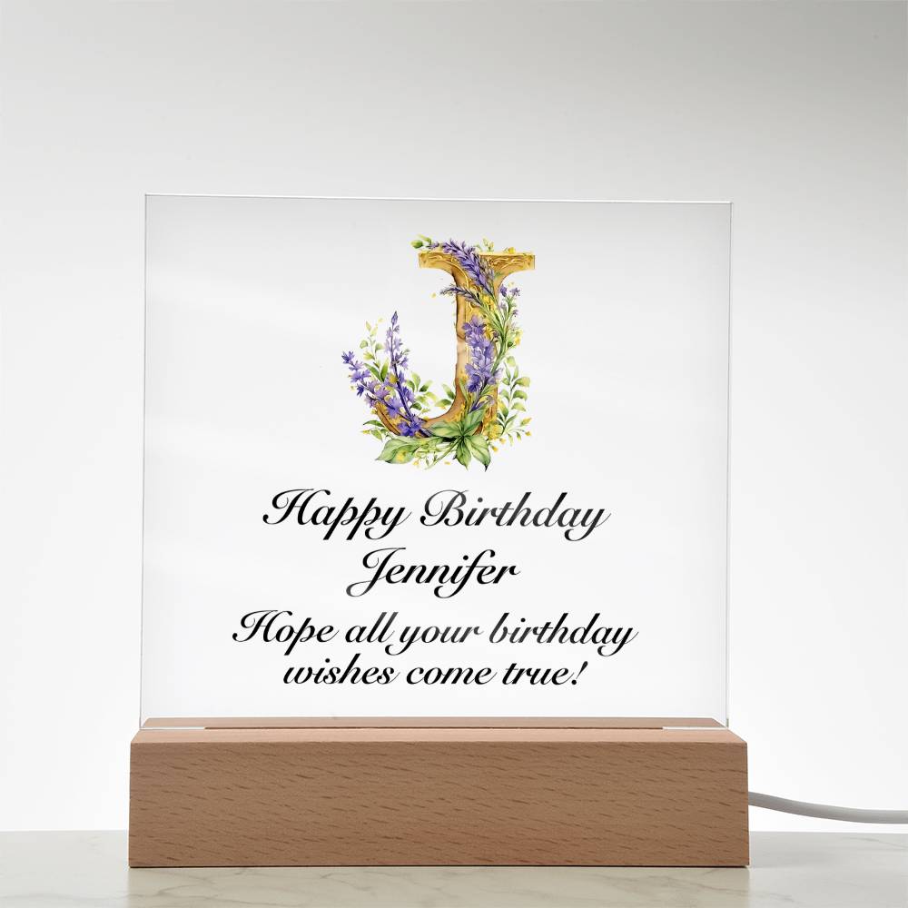 Happy Birthday Jennifer (Lavender Flowers) - Square Acrylic Plaque With USB Corded LED Base