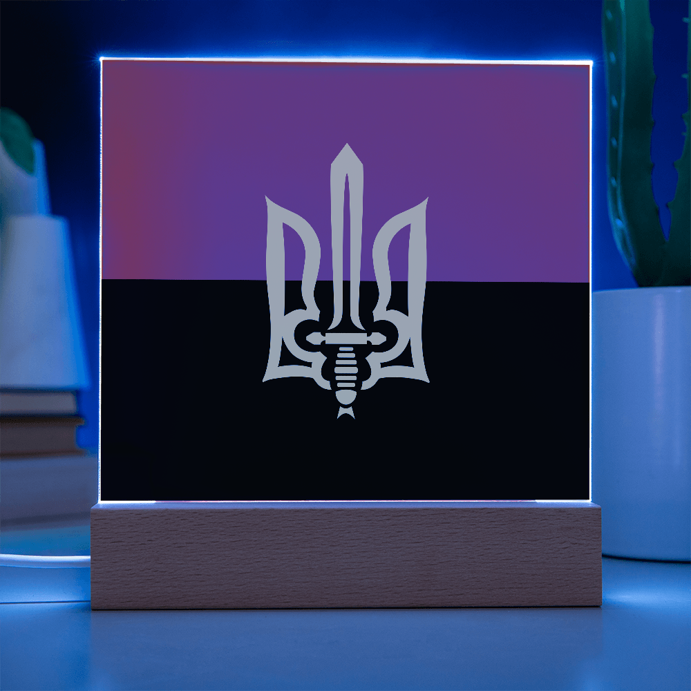 Stylized Tryzub And Red-Black Flag - Square Acrylic Plaque With LED Lights