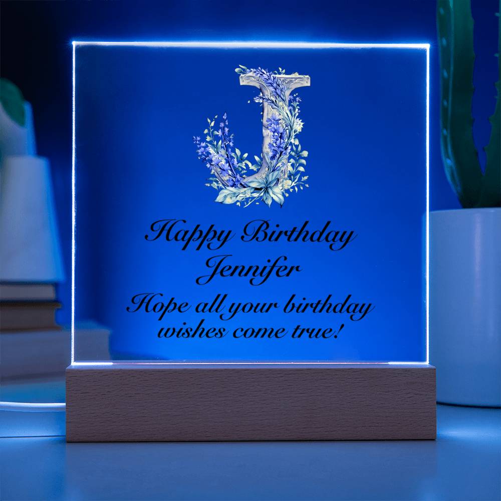 Happy Birthday Jennifer (Lavender Flowers) - Square Acrylic Plaque With USB Corded LED Base