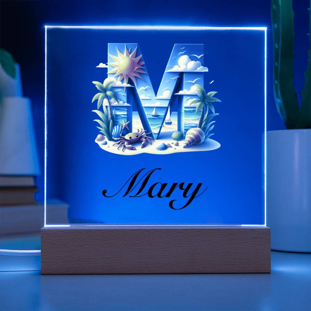 Mary (Summer Beach) - Square Acrylic Plaque With USB Corded LED Base