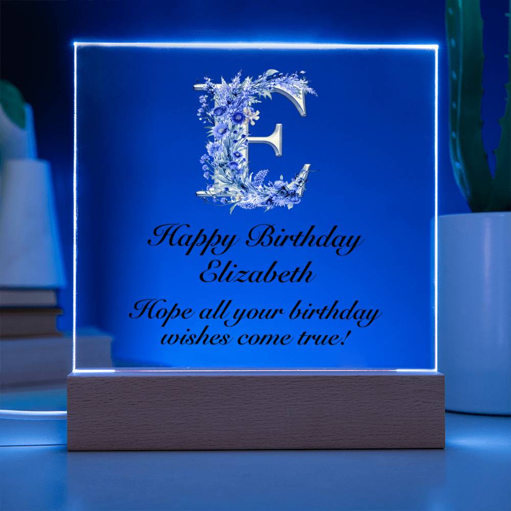 Happy Birthday Elizabeth (Lavender Flowers) - Square Acrylic Plaque With USB Corded LED Base
