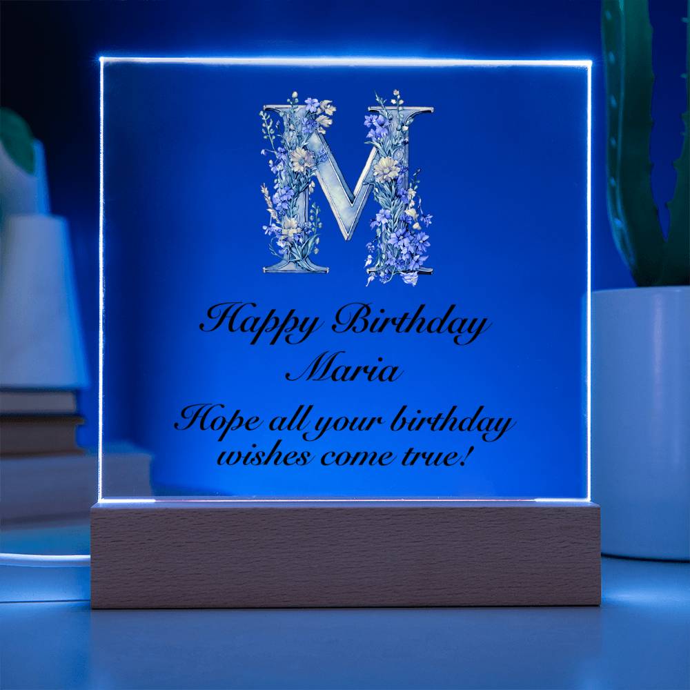 Happy Birthday Maria (Lavender Flowers) - Square Acrylic Plaque With USB Corded LED Base