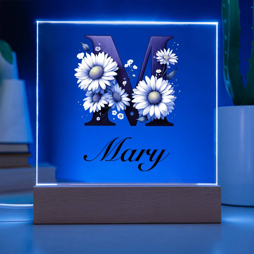 Mary (Daisies) - Square Acrylic Plaque With USB Corded LED Base