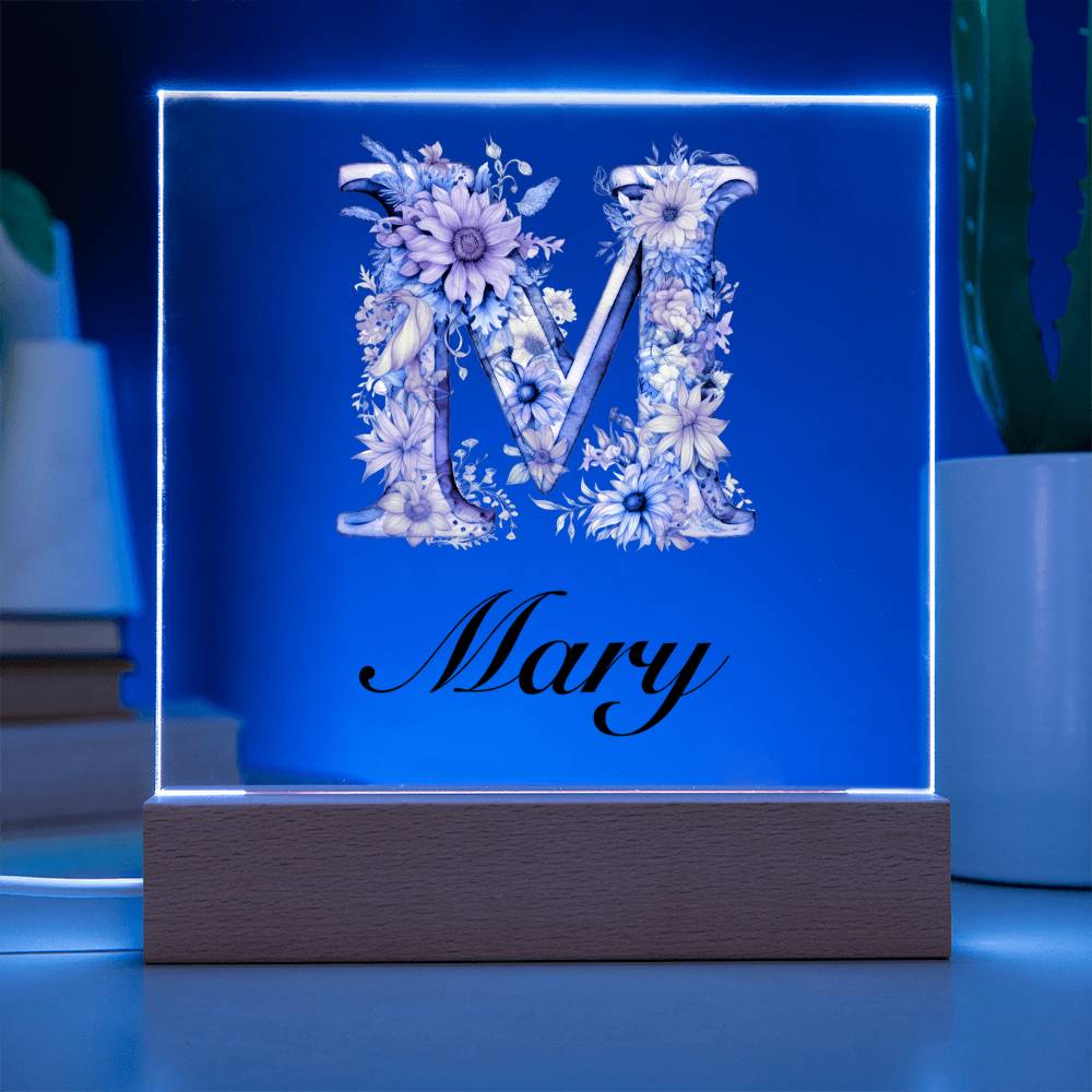 Mary (Blooming Flowers) - Square Acrylic Plaque With USB Corded LED Base