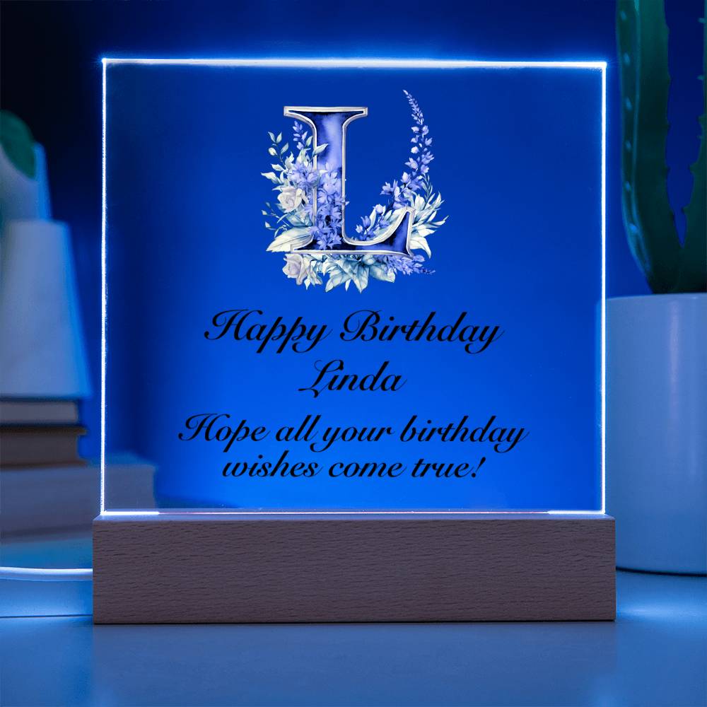 Happy Birthday Linda (Lavender Flowers) - Square Acrylic Plaque With USB Corded LED Base
