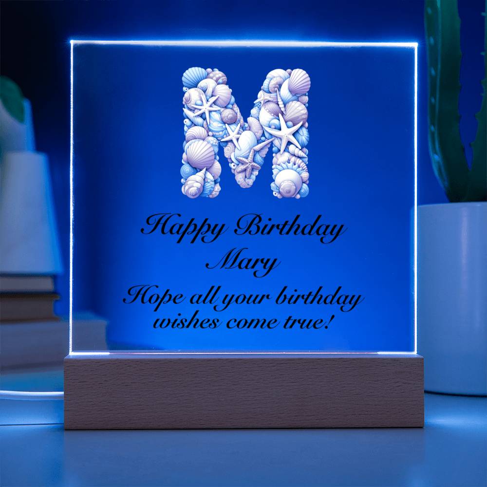 Happy Birthday Mary (Sea Life) - Square Acrylic Plaque With USB Corded LED Base