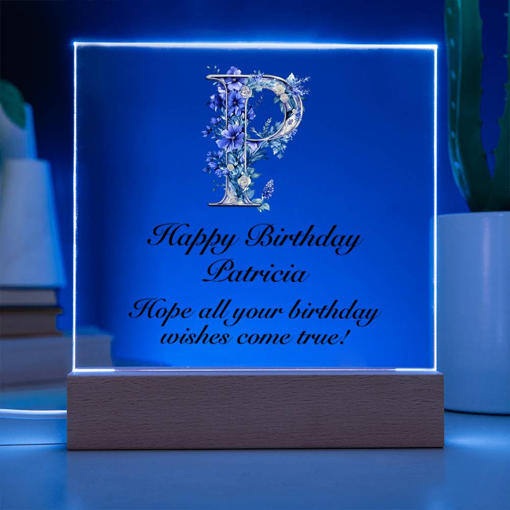 Happy Birthday Patricia (Lavender Flowers) - Square Acrylic Plaque With USB Corded LED Base