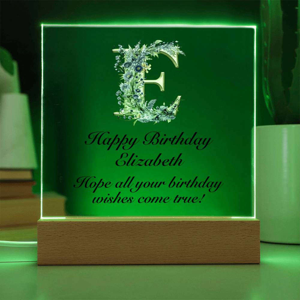 Happy Birthday Elizabeth (Lavender Flowers) - Square Acrylic Plaque With USB Corded LED Base