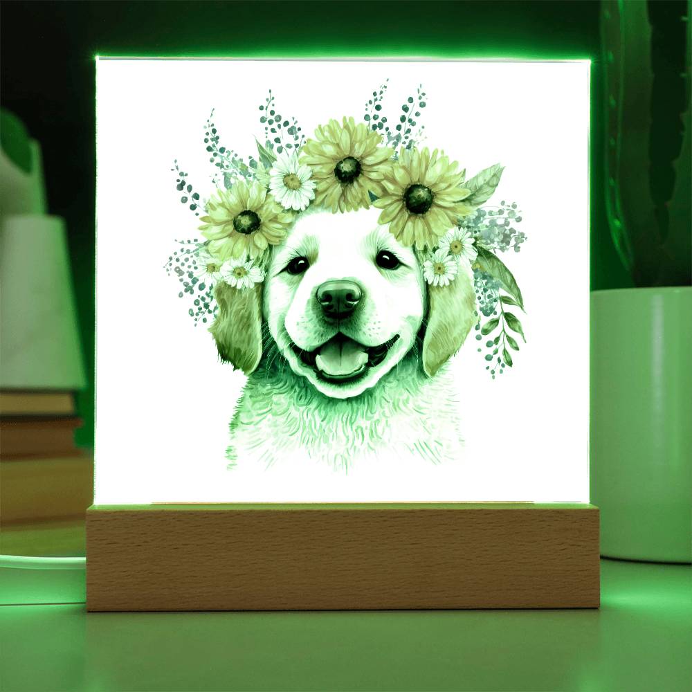 Dog And Spring Flowers (Watercolor) 02 - Square Acrylic Plaque