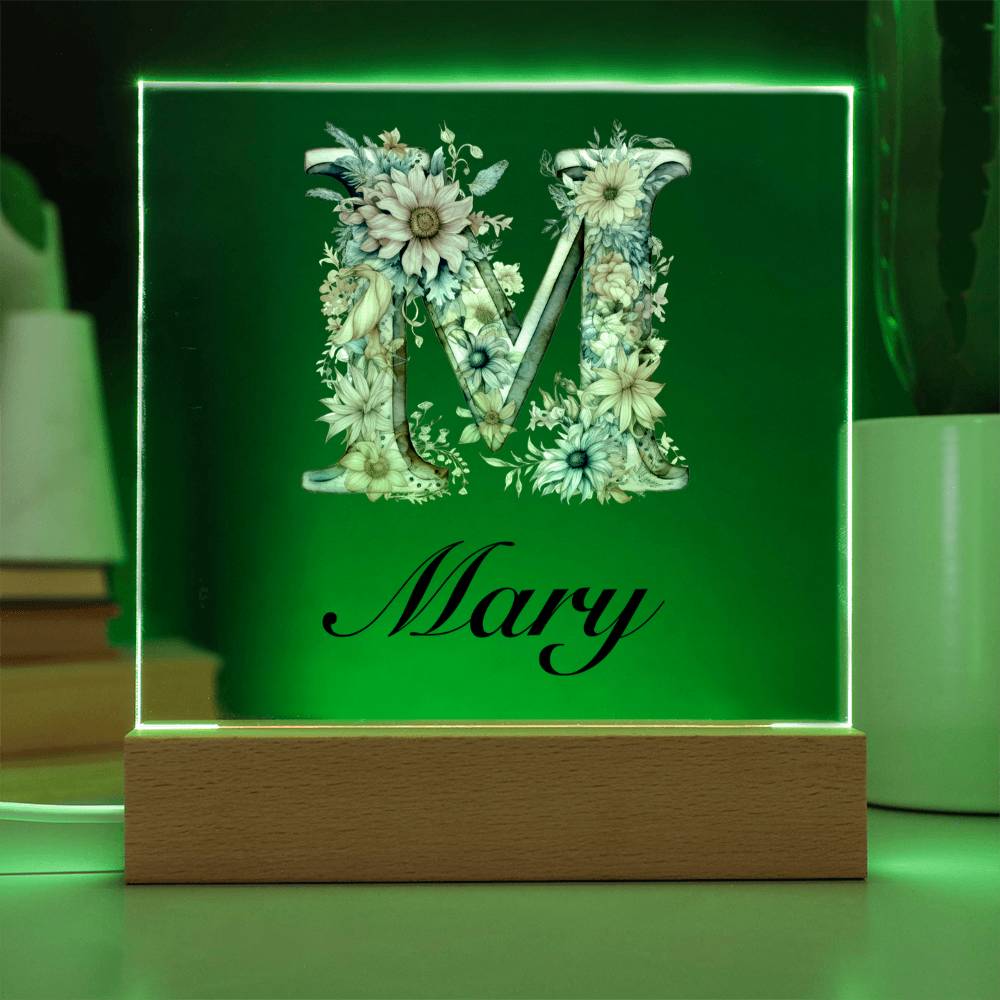 Mary (Blooming Flowers) - Square Acrylic Plaque With USB Corded LED Base