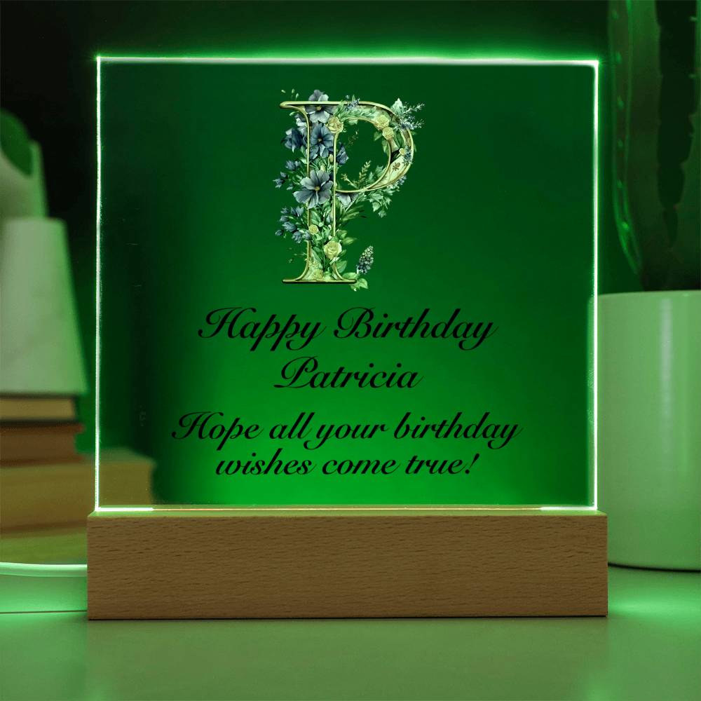 Happy Birthday Patricia (Lavender Flowers) - Square Acrylic Plaque With USB Corded LED Base