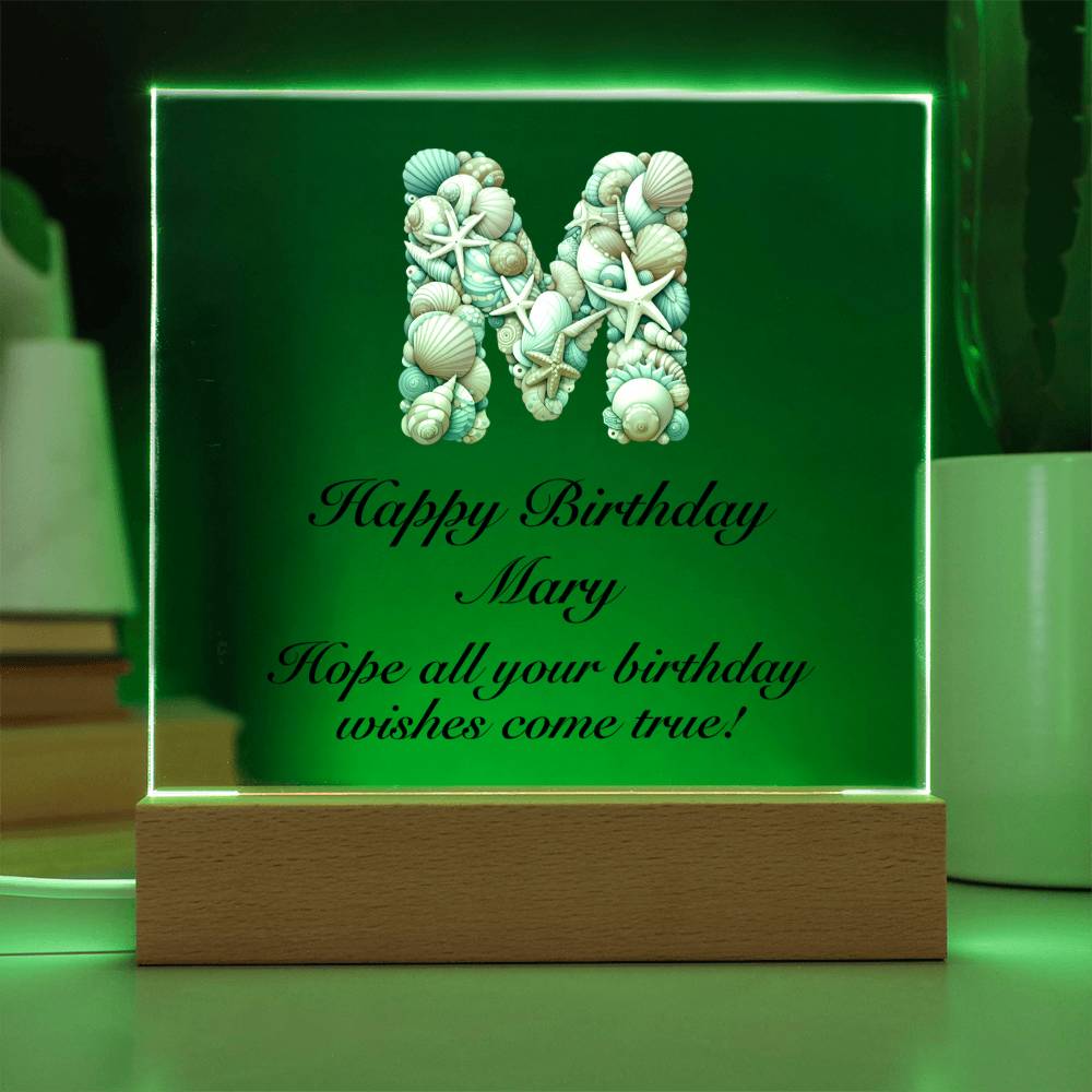Happy Birthday Mary (Sea Life) - Square Acrylic Plaque With USB Corded LED Base